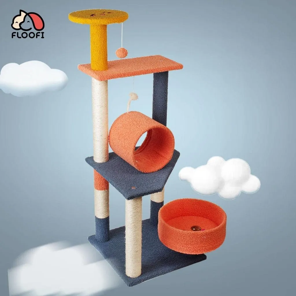 110cm Emoji Plush Cat Tree Condo w/Basket | Blue/Red