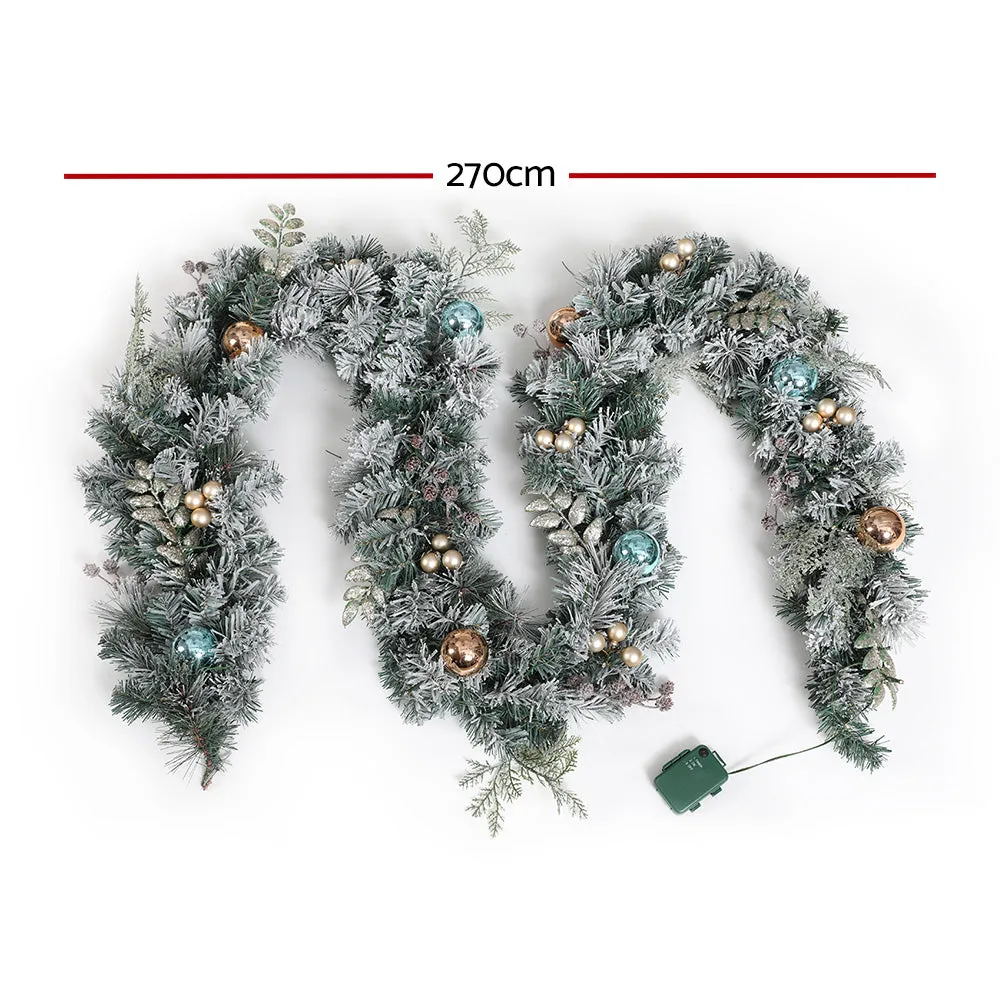 9ft 2.7m 200 Tips Christmas Garland with LED Lights Snowy Decoration Xmas Party