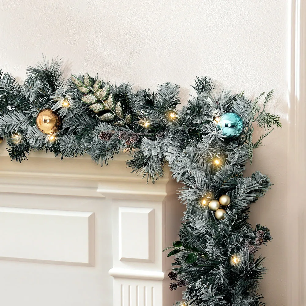 9ft 2.7m 200 Tips Christmas Garland with LED Lights Snowy Decoration Xmas Party