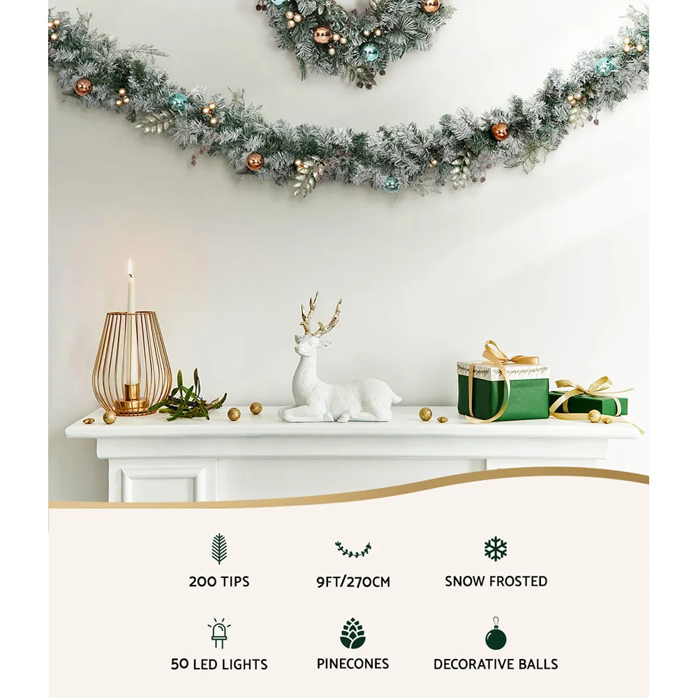 9ft 2.7m 200 Tips Christmas Garland with LED Lights Snowy Decoration Xmas Party