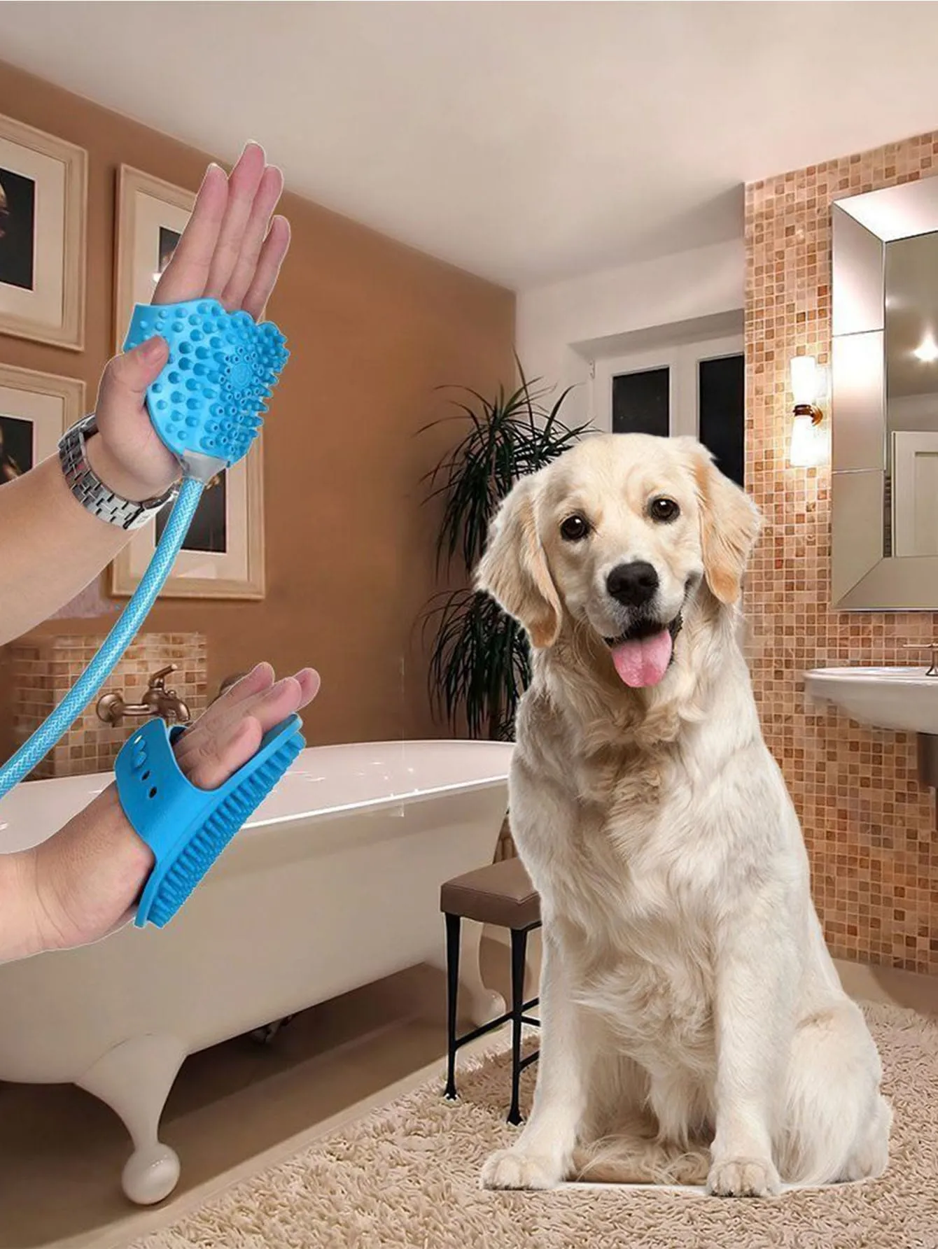 Blue Pet Cat & Dog Bathing Sprayer & Brush 2-In-1 Daily Cleaning Silicone Glove Massaging Showerhead