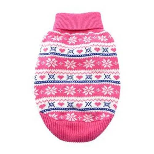 Combed Cotton Snowflake and Hearts Dog Sweater - Pink