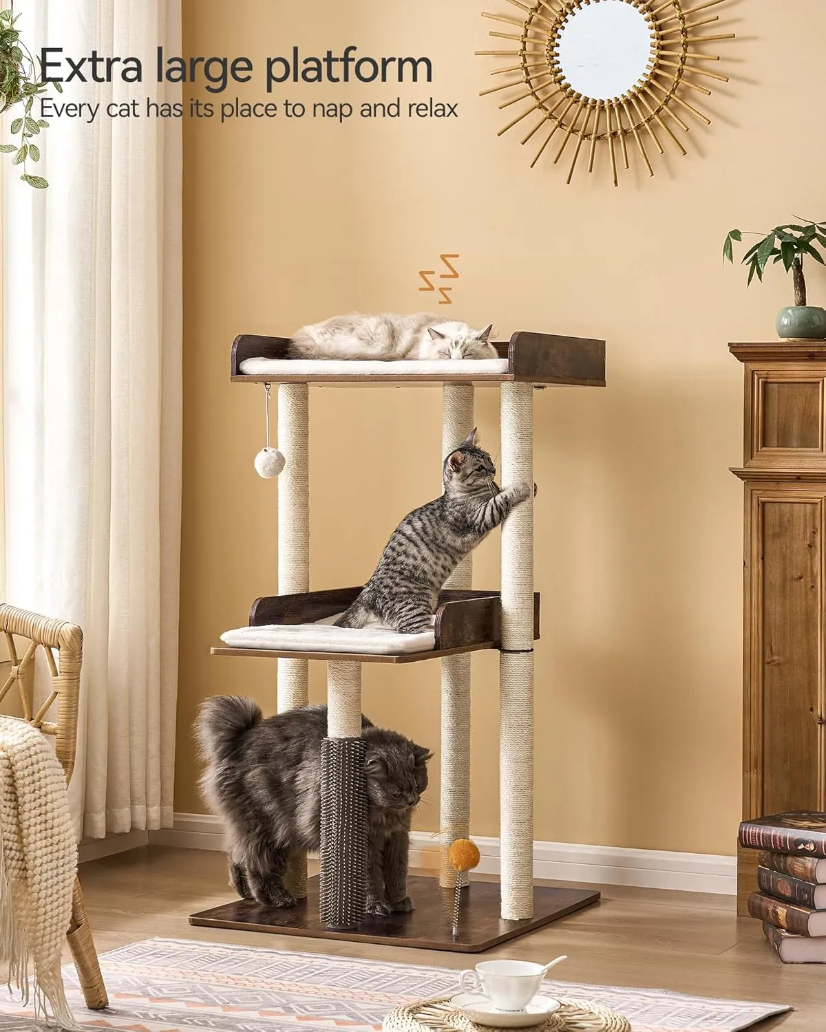 FourFurPets 43.7" Cat Tree, Modern Cat Tree Tower, Cat Tower for Indoor Cats Large Adult, Big Cat Tree with Scratching Post, Wooden Cat Tree with Large Perch, Cat Condo for Adult cat, Rustic Brown