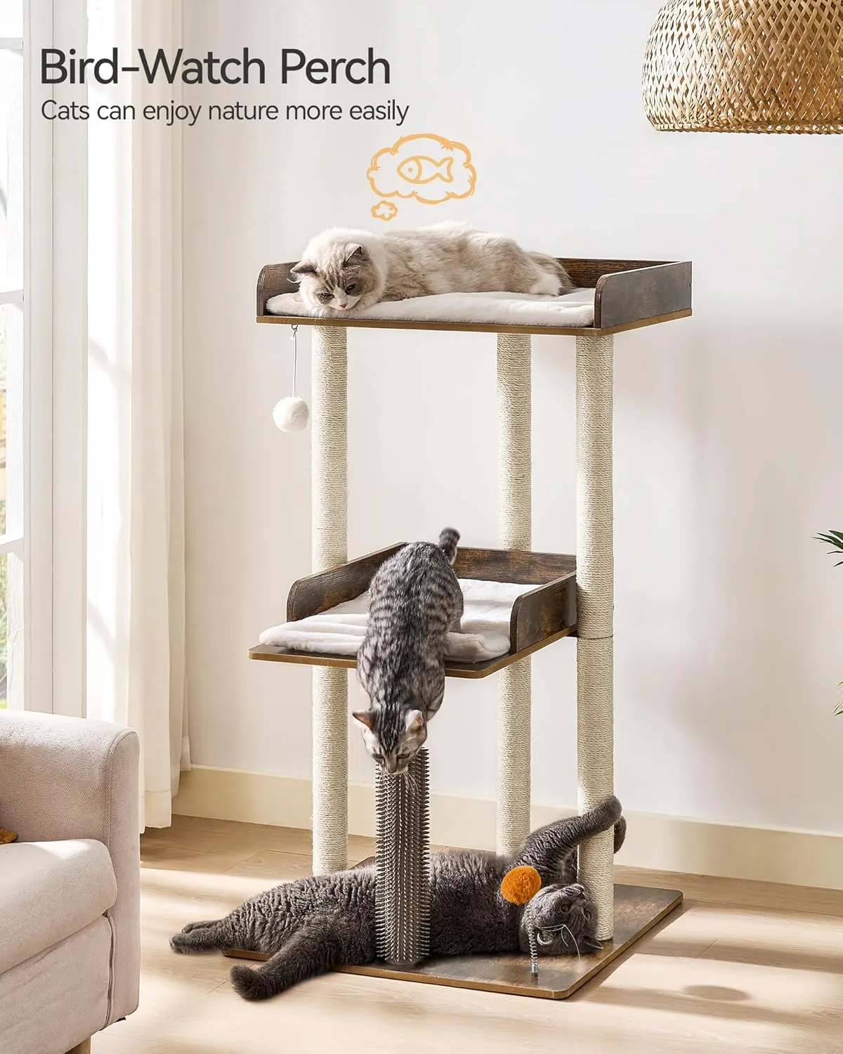 FourFurPets 43.7" Cat Tree, Modern Cat Tree Tower, Cat Tower for Indoor Cats Large Adult, Big Cat Tree with Scratching Post, Wooden Cat Tree with Large Perch, Cat Condo for Adult cat, Rustic Brown