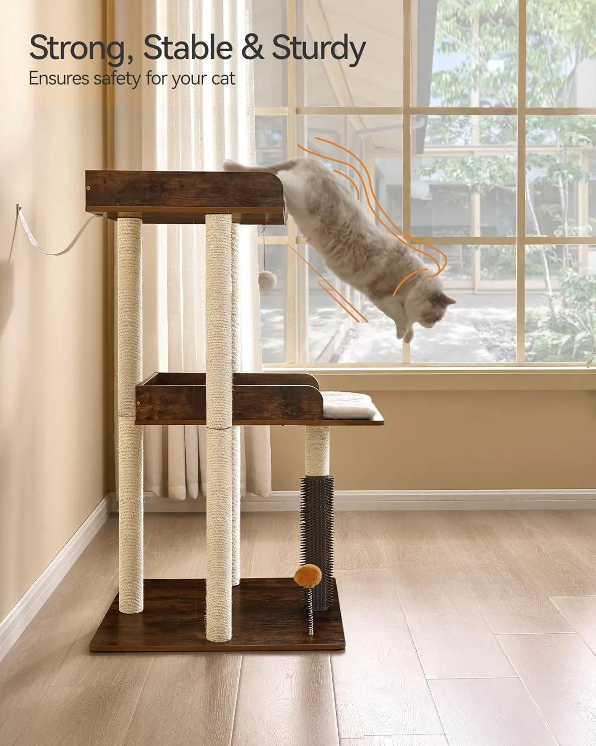FourFurPets 43.7" Cat Tree, Modern Cat Tree Tower, Cat Tower for Indoor Cats Large Adult, Big Cat Tree with Scratching Post, Wooden Cat Tree with Large Perch, Cat Condo for Adult cat, Rustic Brown