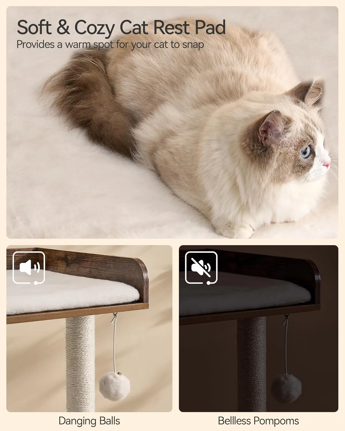 FourFurPets 43.7" Cat Tree, Modern Cat Tree Tower, Cat Tower for Indoor Cats Large Adult, Big Cat Tree with Scratching Post, Wooden Cat Tree with Large Perch, Cat Condo for Adult cat, Rustic Brown