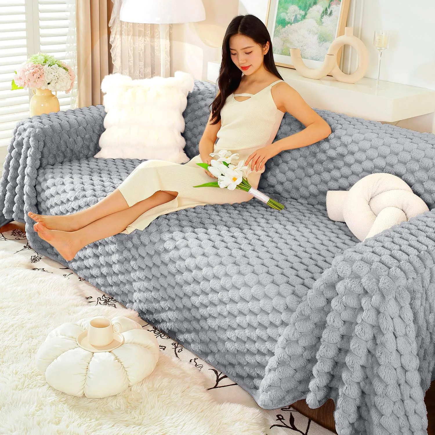 Luxury Rabbit Wool Plush Sofa Throw, Moon Grey