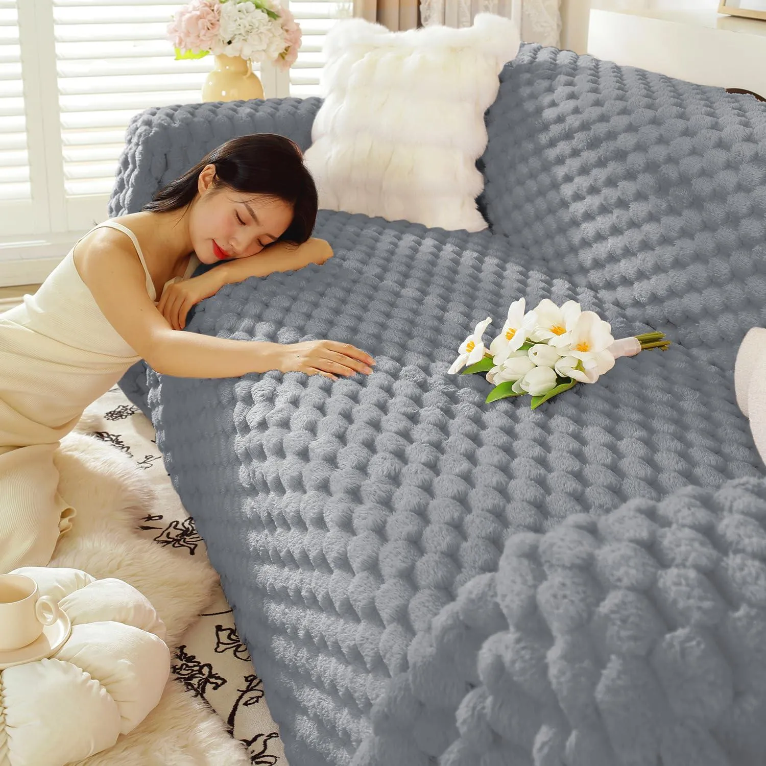 Luxury Rabbit Wool Plush Sofa Throw, Moon Grey