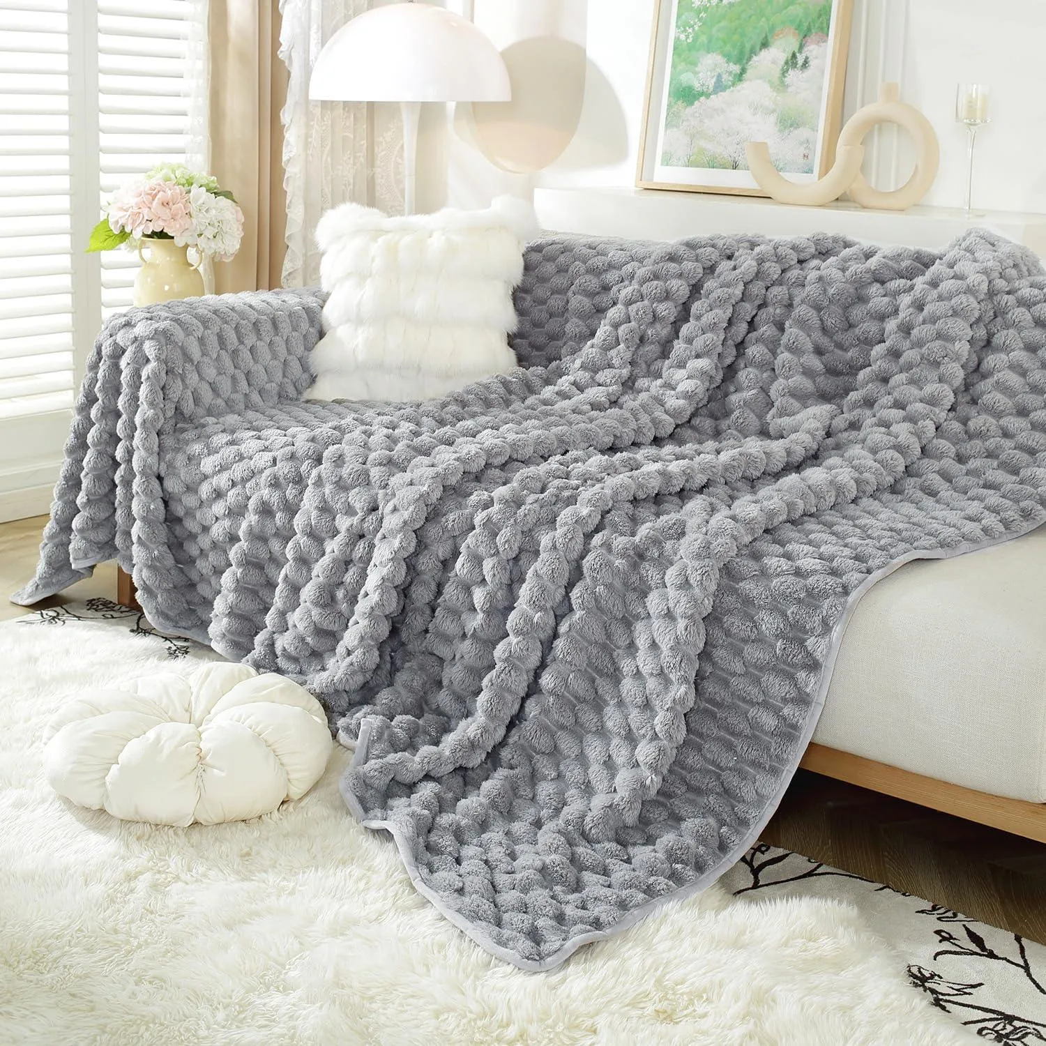 Luxury Rabbit Wool Plush Sofa Throw, Moon Grey
