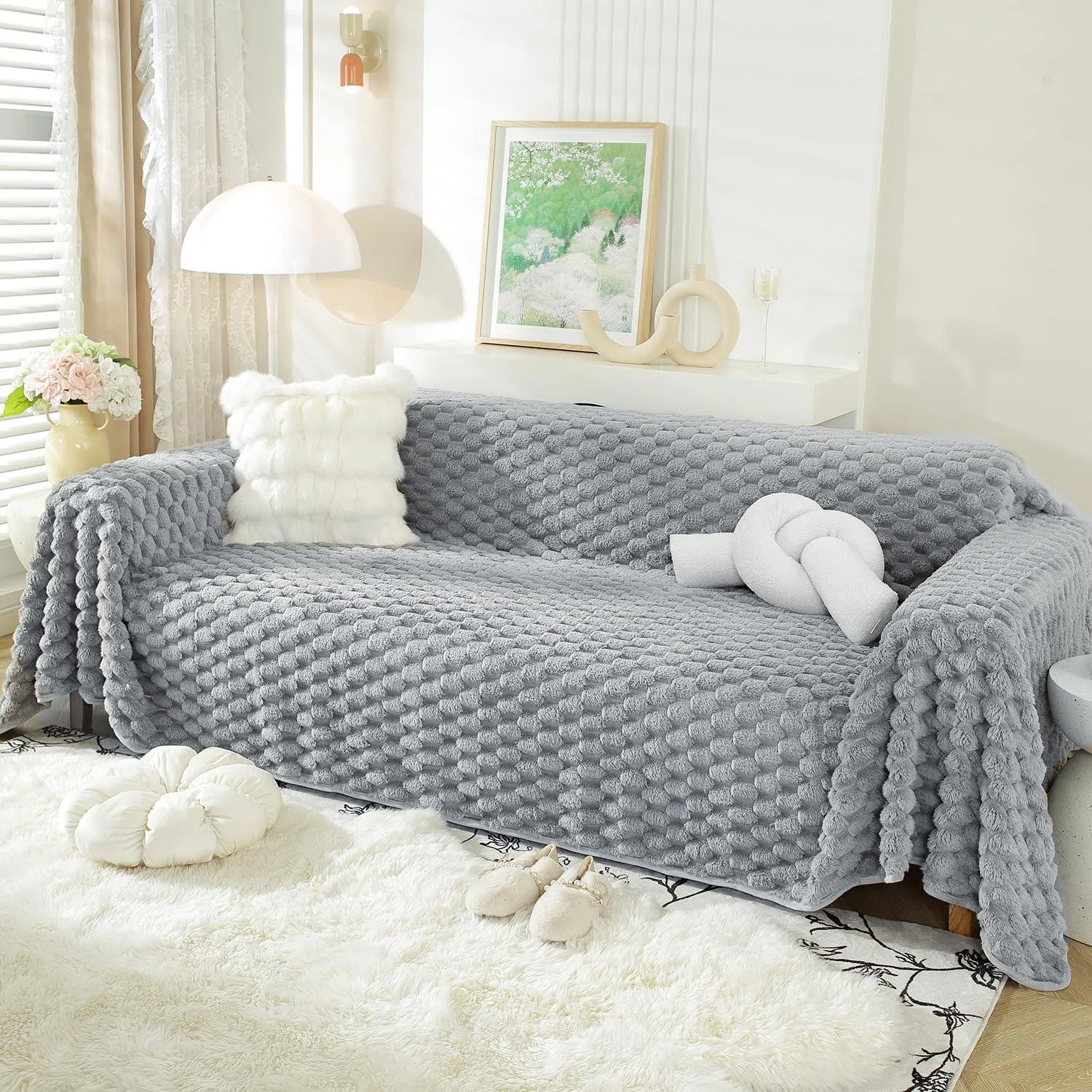 Luxury Rabbit Wool Plush Sofa Throw, Moon Grey