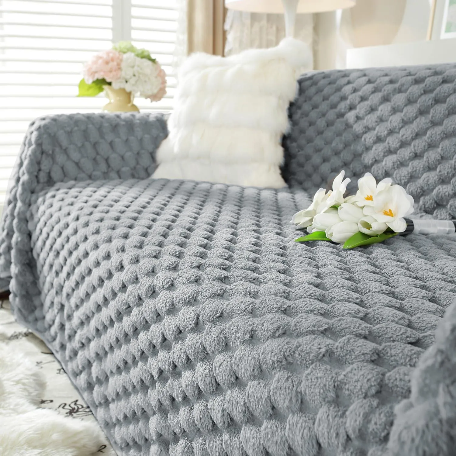 Luxury Rabbit Wool Plush Sofa Throw, Moon Grey