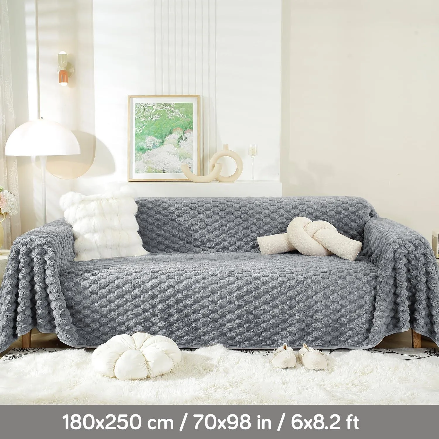 Luxury Rabbit Wool Plush Sofa Throw, Moon Grey
