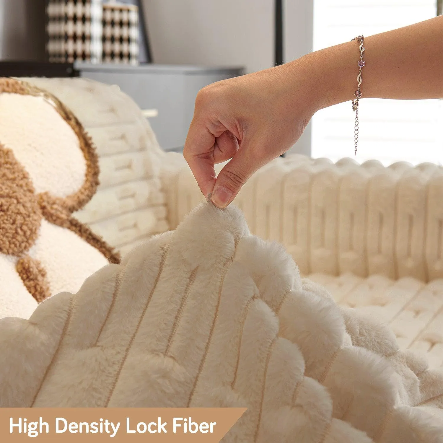 Luxury Waxy Faux Rabbit Fluffy Plush Sofa Throw, Beige