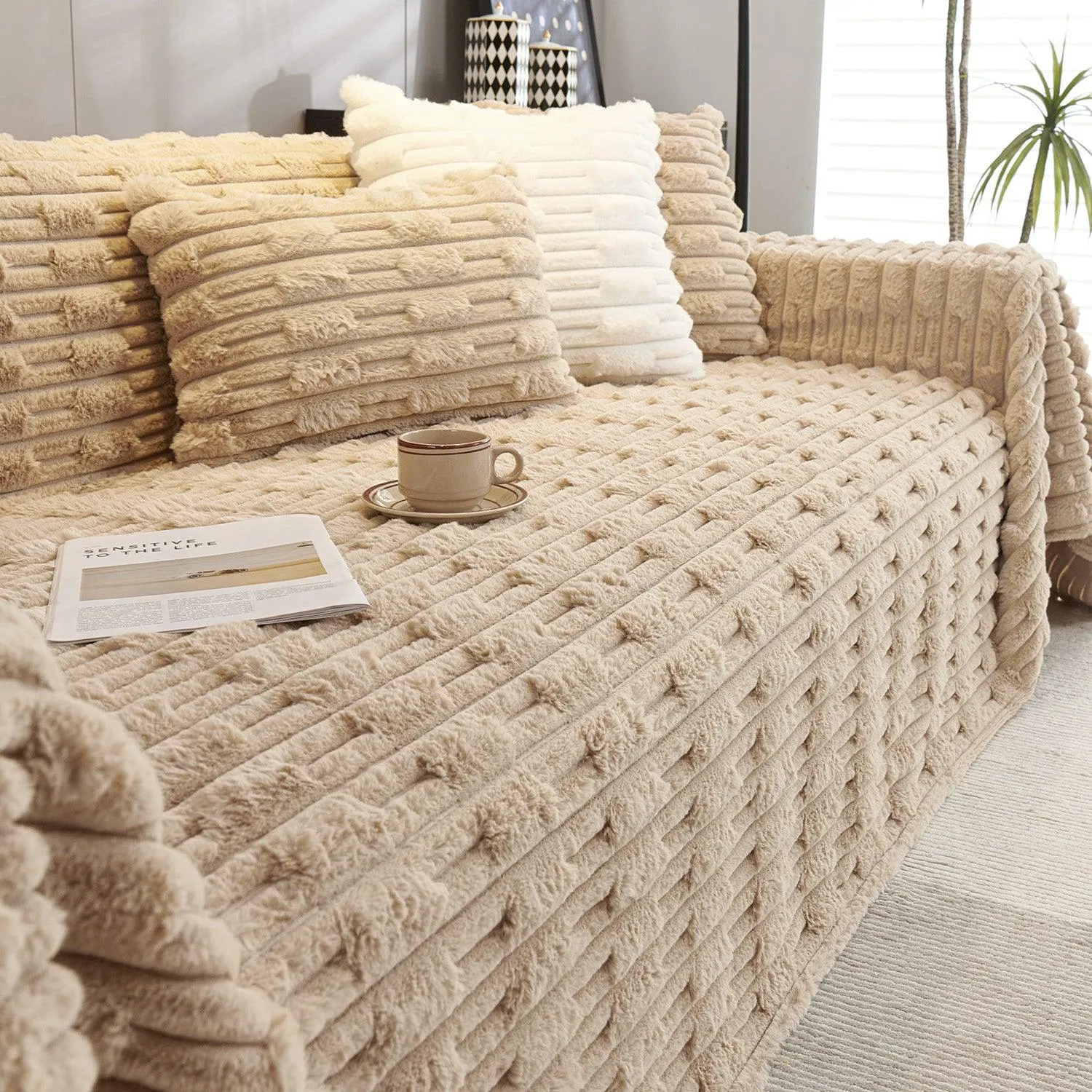 Luxury Waxy Faux Rabbit Fluffy Plush Sofa Throw, Beige