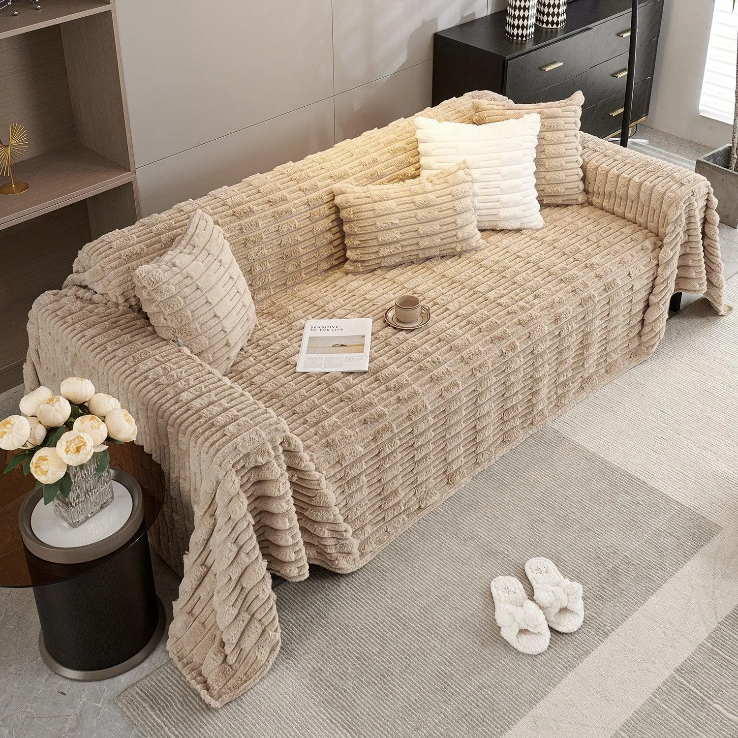 Luxury Waxy Faux Rabbit Fluffy Plush Sofa Throw, Beige