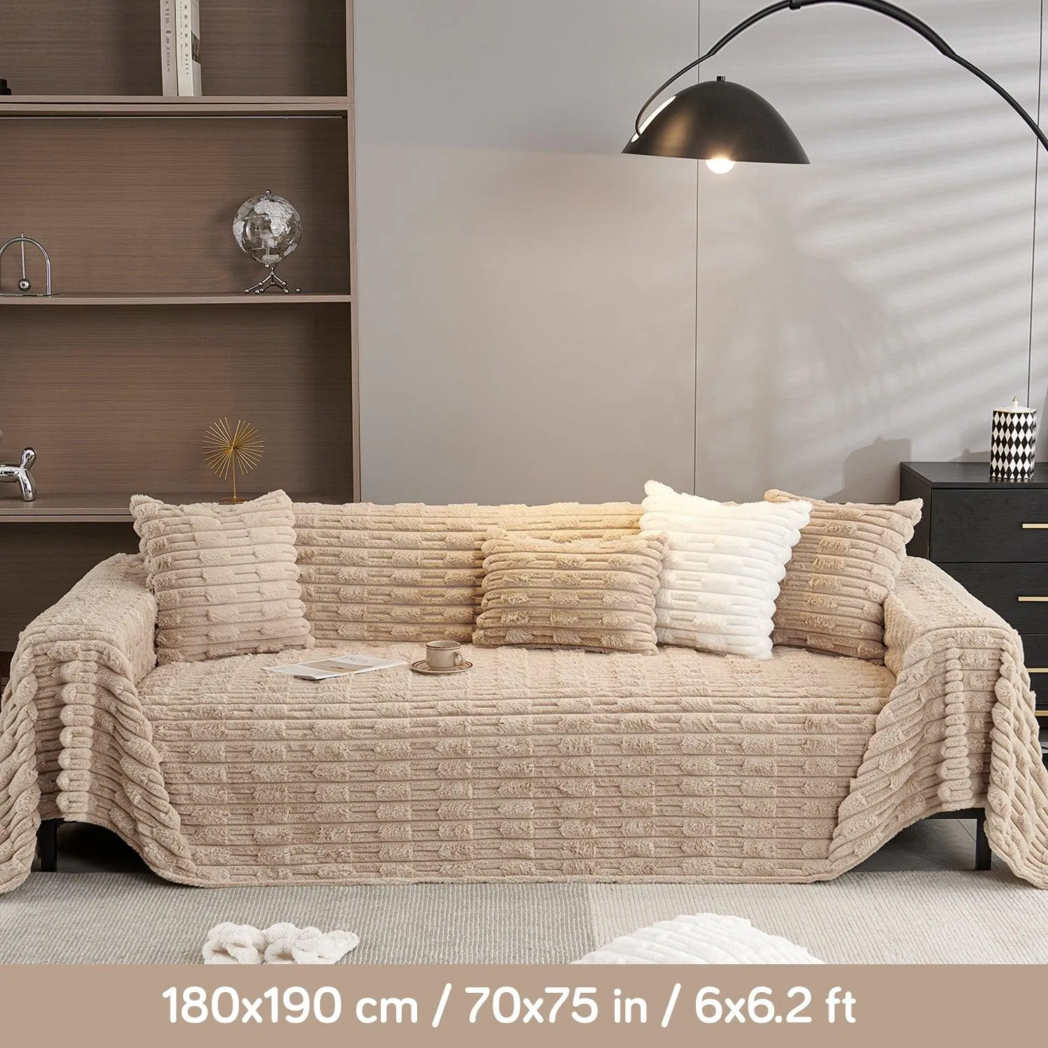 Luxury Waxy Faux Rabbit Fluffy Plush Sofa Throw, Beige