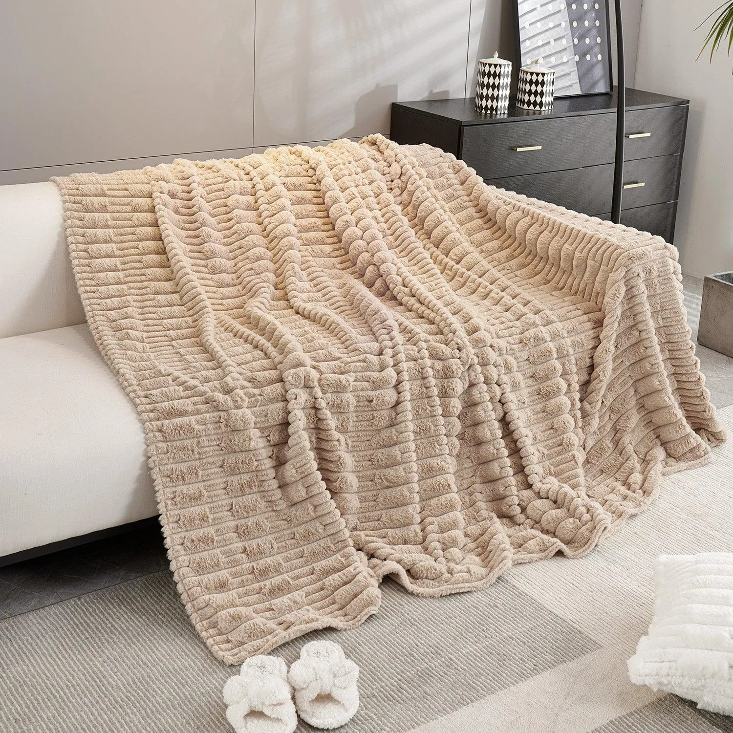 Luxury Waxy Faux Rabbit Fluffy Plush Sofa Throw, Beige