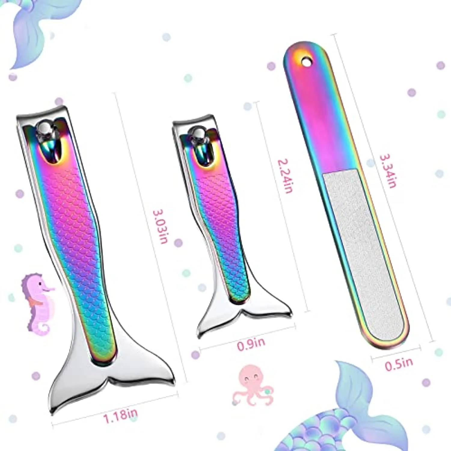 Mermaid Nail Clipper Set 4 Pieces Stainless Steel Fingernails and Toenails Clippers Nail Cutter with Nail File Christmas Birthday Stocking Stuffers for Girls Women Kids Manicure Accessories