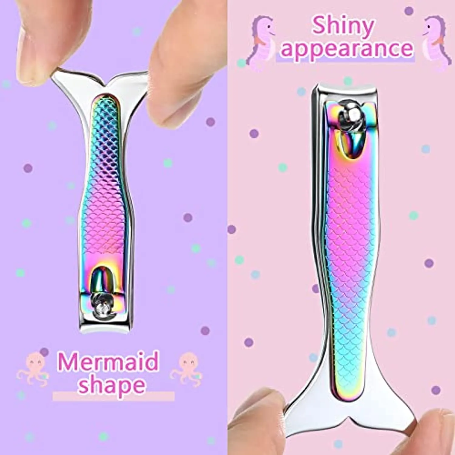 Mermaid Nail Clipper Set 4 Pieces Stainless Steel Fingernails and Toenails Clippers Nail Cutter with Nail File Christmas Birthday Stocking Stuffers for Girls Women Kids Manicure Accessories