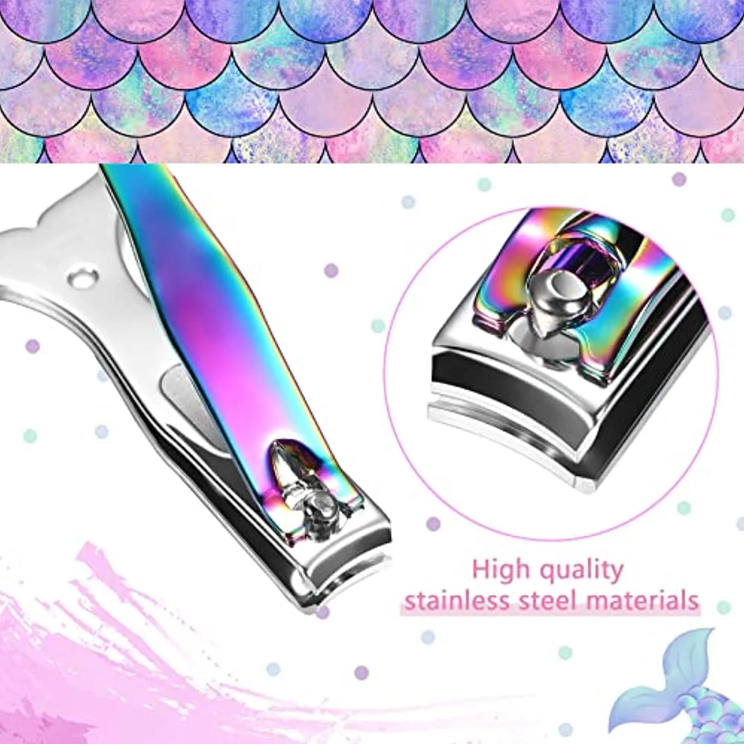 Mermaid Nail Clipper Set 4 Pieces Stainless Steel Fingernails and Toenails Clippers Nail Cutter with Nail File Christmas Birthday Stocking Stuffers for Girls Women Kids Manicure Accessories