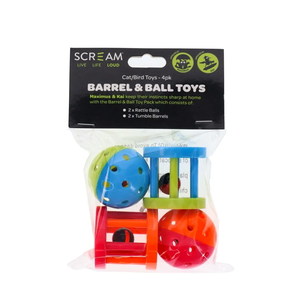 Scream Barrel & Ball Toy Pack for Cats/Birds - 4 Pack