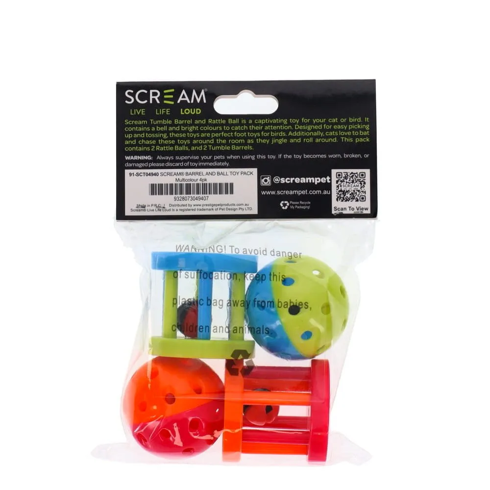 Scream Barrel & Ball Toy Pack for Cats/Birds - 4 Pack